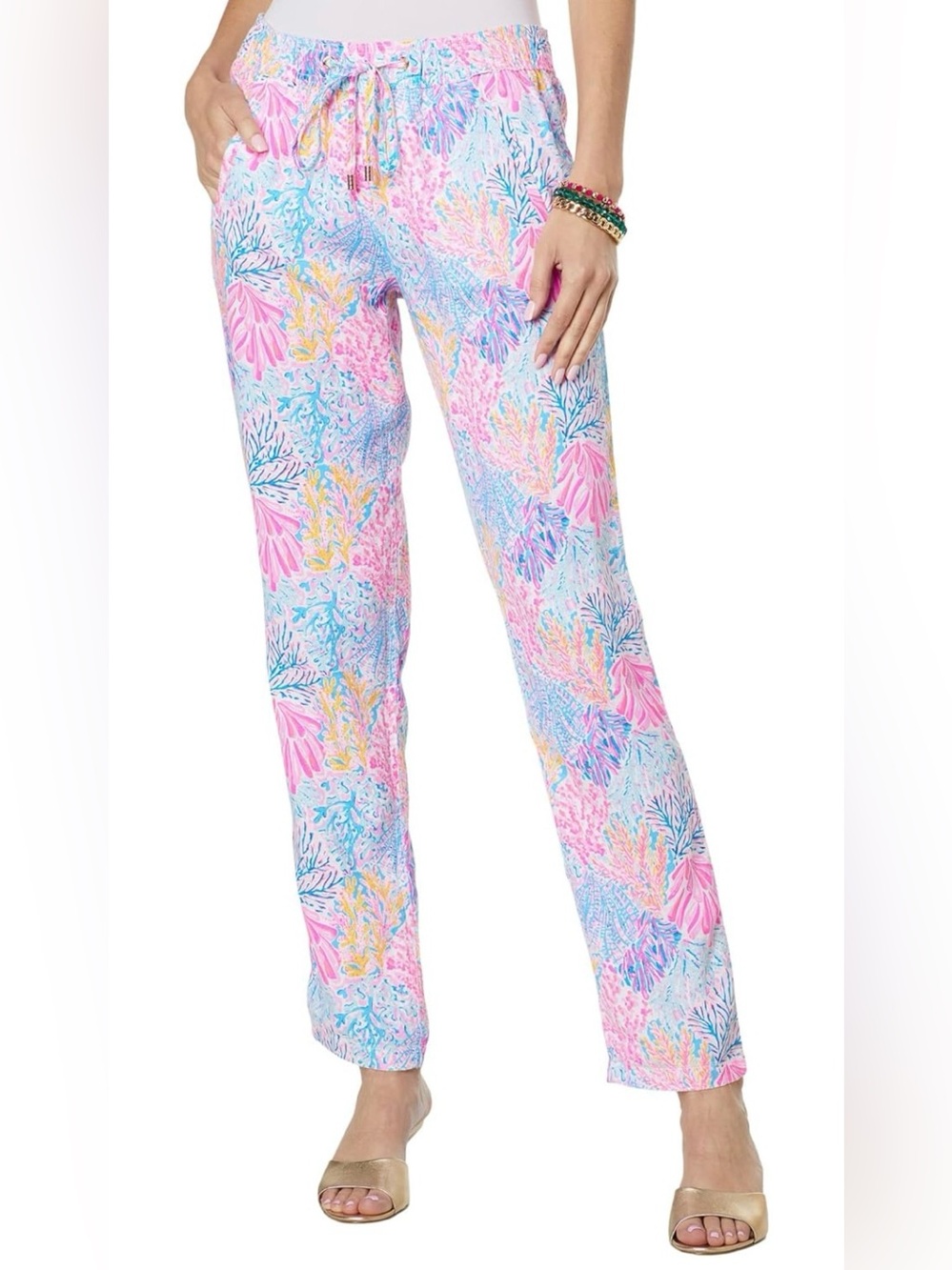 LILLY PULITZER Taron Linen Pants Splashdance Elastic Waist Drawstring LARGE